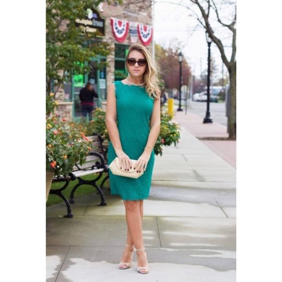 Adrianna Papell Emerald Boatneck Lace Sheath Dress - Picture 8 of 8
